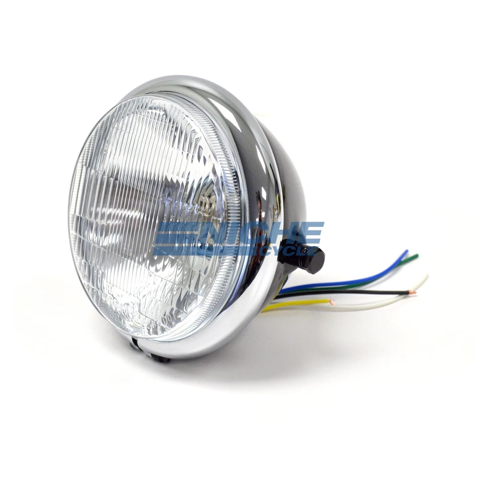 Bates Style 5.75 Black-Chrome Side Mount Headlight Blue Dot Chopper 5-3/4 - Image 1 of 4