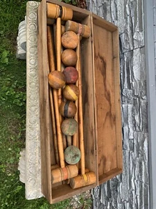 Antikes viktorianisches Krocket-Set aus Holz für 8 Spieler mit Docht & orig. Aufbewahrungskiste - Bild 1 von 14