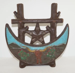 ANTIQUE TEXAS CENTENNIAL EXPOSITION CAST IRON DOORSTOP 1936 LONGHORN CACTUS ART - Bild 1 von 7