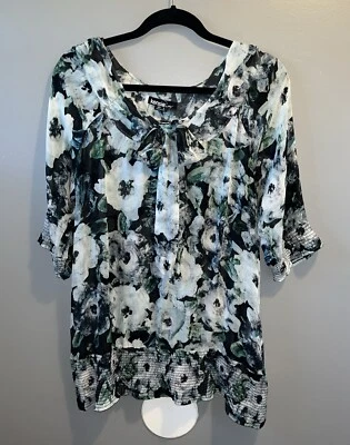 Blusa floral KENSIE 100 % seda para mujer talla L verde/negra Foto 1 de 4