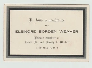 Remeberance card 1913 Elsinore Borden Weaver, David and Sarah Weaver - Picture 1 of 2