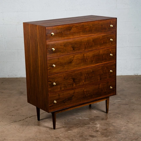 Mid Century Modern Highboy Dresser 5 Drawer Stanley Walnut Mcm Brass Handles Mcm Cover