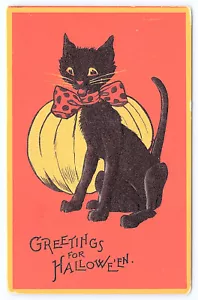Gabriel Halloween Postcard Black Cat bow Pumpkin Orange embossed card KB17 - Picture 1 of 2