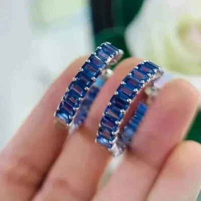 3Ct Emerald Cut Lab Created Blue Sapphire Hoop Earrings In 14K White Gold Plated - Image 1 of 4