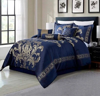 7-Piece Navy Gold Floral Jacquard Comforter Set Oversized Bedding Set - Image 1 of 4