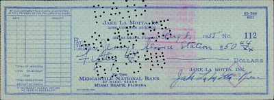 Boxer Jake LaMotta firmado cheque cancelado autenticado por JSA Foto 1 de 3
