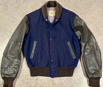 CHAQUETA LETTERMAN UNIVERSITARIA RARA DE COLECCIÓN AÑOS 60 OSO DORADO Azul Marino Lana/Cuero Negro L EE. UU. Foto 1 de 4