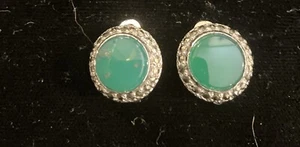 Vintage 1930’s Signed BJL Marcasite Clip On EARRINGS Jewelry Chrysoprase Rare - Picture 1 of 5