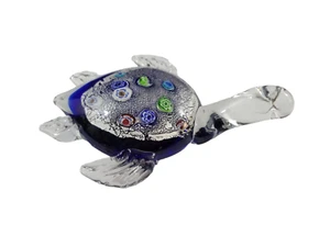 Fermacarte tartaruga marina in vetro artistico Millefiori blu trasparente 7" - Foto 1 di 12