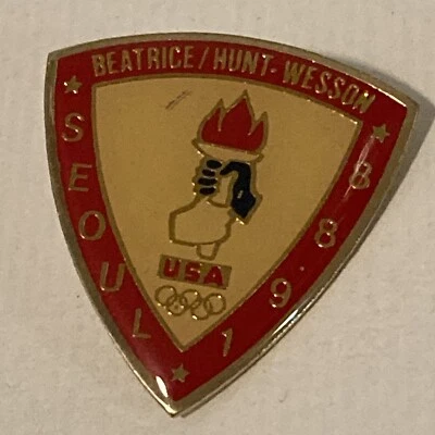 1988 Torch Relay Team USA Seoul Olympic Rings Metal Enamel Pin Red White Blue - Image 1 of 4