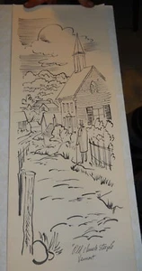 VINTAGE OLD CHURCH STEEPLE VERMONT INK PAPER DRAWING 25 1/2'' X 9 1/2''  - Picture 1 of 5