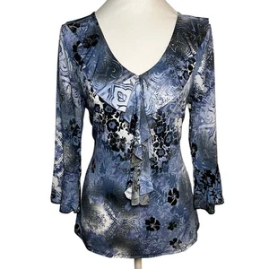 Y2K Fairy Ruffle Blouse Blue White Size Small Office Business Casual 90s Boho - Picture 1 of 10