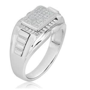AVORA 925 Sterling Silver Rectangular Clustered Cubic Zirconia CZ Men's Signet - Picture 1 of 5