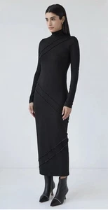 Marcella NYC Malcolm Kleid XL Maxi schwarz Rüschen Naht Rollkragen bescheiden Stretch - Bild 1 von 22