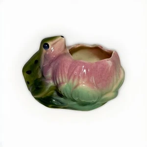 Vintage Frosch auf Lilypad Übertopf Lotusblume Kröte Keramik 40er grün rosa MCM - Bild 1 von 8