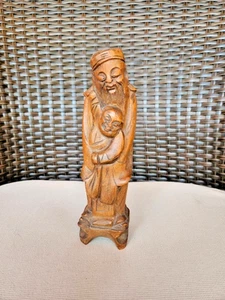 Handgeschnitzte asiatische Holz Statue Figur orientalisches Dekor alter Mann mit Kind - Bild 1 von 5
