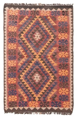 复古几何手工编织地毯 3'2' x 5'3 英寸传统羊毛边地毯 — 第 1/4 张图片