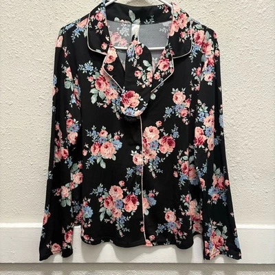 Flora by Flora Nikrooz Black and Floral Pajama Top with Sleep Mask Small - Image 1 of 4