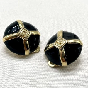 GIVENCHY Signed LOGO New York Paris Black Enamel Gold Toned Clip On Earrings - Picture 1 of 6