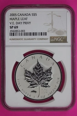 2005 SP 69 加拿大 V.E. Day Privy枫叶 $5 NGC 认证分级板 1303 — 第 1/3 张图片