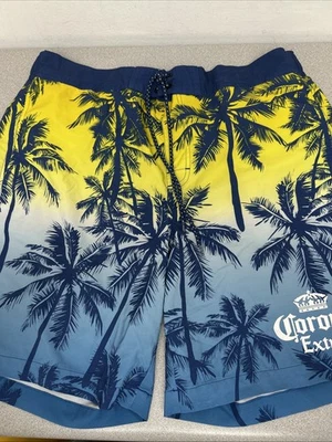 Corona Extra Men's Swim Trunks Shorts Palm Trees, Drawstring, Yellow, Blue XL - Image 1 of 4