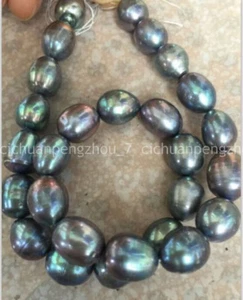 "Cuentas sueltas perlas barrocas negras barrocas genuinas de 10-11 mm cadena de 14"" pavo real tahitiano genuino - Imagen 1 de 6
