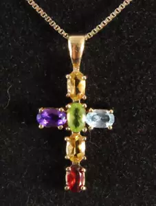 14K GOLD OVER STERLING SILVER 18" Chain Necklace MULTI-GEMSTONE CROSS PENDANT - Picture 1 of 5
