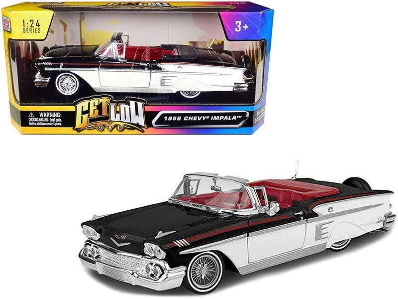 1:24 1958 Chevrolet Impala Convertible Lowrider - Black/White - MotorMax Get Low - Image 1 of 3
