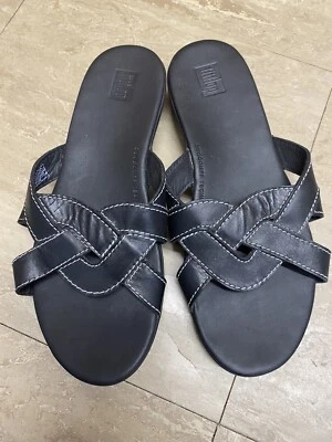 Fitflop UK 5 Elyna Weave Slides Slip On Black Leather Slides Sandals  - Image 1 of 4