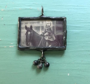 Vintage Sepia Photo Child On Horse Soldered Glass Ornament Isa 41:10 Fear Not - Picture 1 of 2