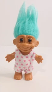 Russ Troll Doll Aqua Hair Love Heart Jumpsuit Vintage Toy - Picture 1 of 9