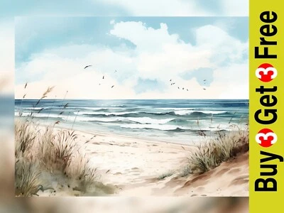 Impresión artística de serenidad costera, vista a la playa junto al mar, decoración tranquila 5" x 7" Foto 1 de 4