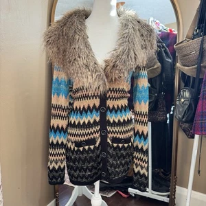 VTG Cache Womens Faux Fur Collar Chevron Cardigan XS Multicolor Glitter Y2K Glam - Picture 1 of 6