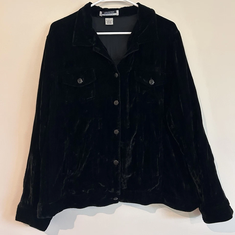 Chaqueta Camisa De Terciopelo Leslie Fay De Colección Talla 2X Bolsillos Abotonados Semi Transparente Negra Cuadrada Foto 1 de 4