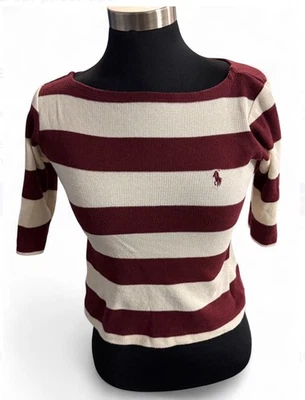 Ralph Lauren Mujer Borgoña y Crema Rayas Suéter Preppy, Clásico Foto 1 de 4
