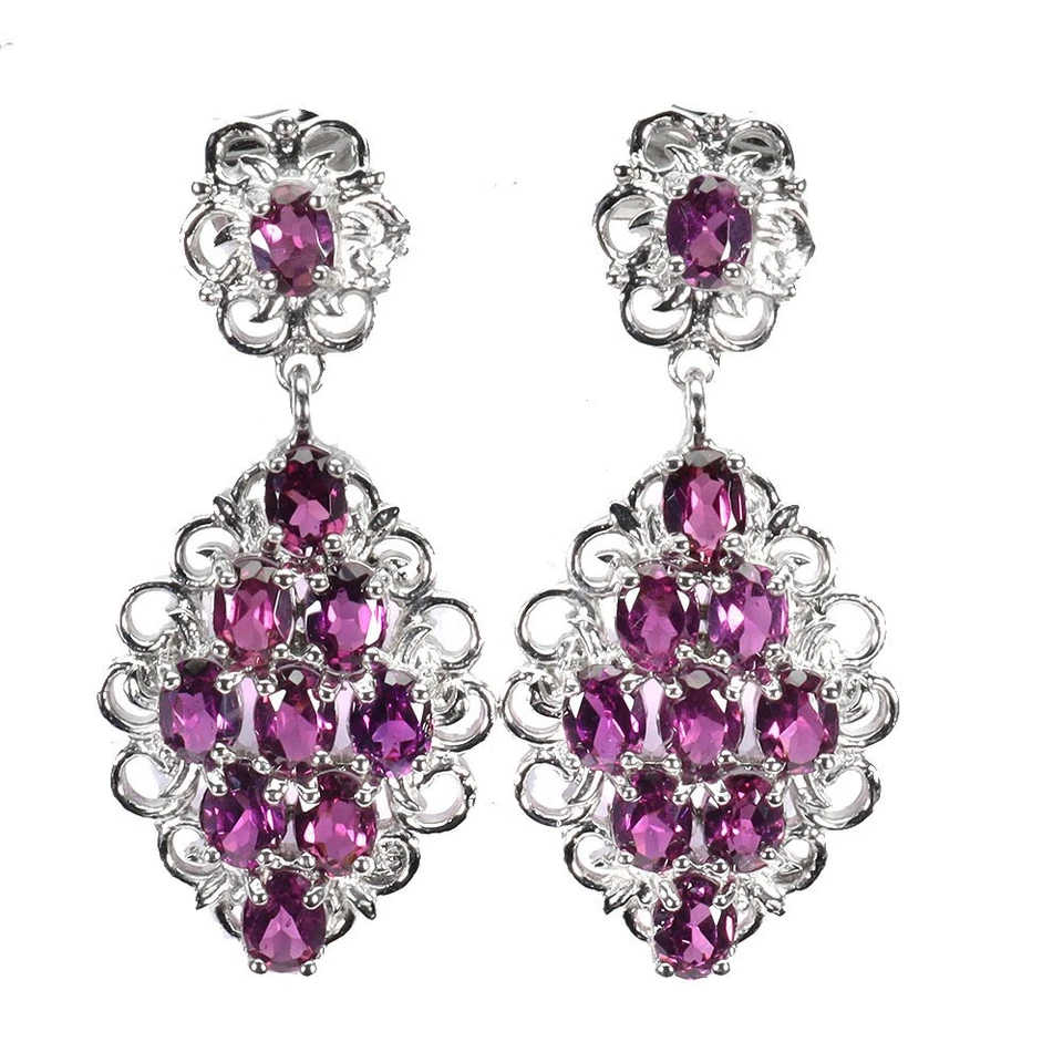 925 Sterling Silver Earrings Oval Rhodolite Garnet Natural Gemstone Jewelry - Image 1 of 4