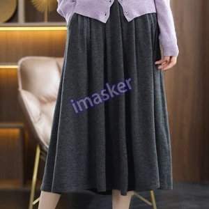 New Wool Blend Knitted Skirt Womens Mid Long High Waist Solid Color A-line Dress - Picture 1 of 24
