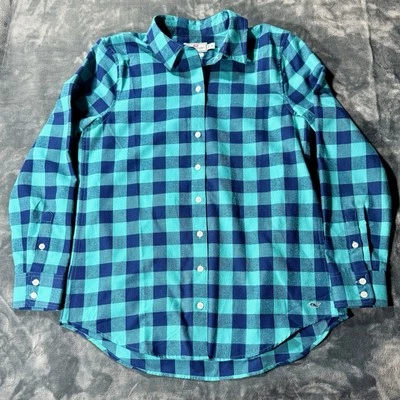 Vineyard Vines franela a cuadros búfalo relajado con botones para mujer talla 4 verde azulado/azul Foto 1 de 4