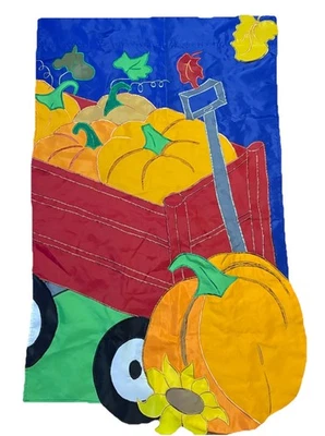 VTG 45”X 27” Flag Fall Autumn Pumpkin Flowers Garden Orange Yellow Outdoor Wagon - Image 1 of 4