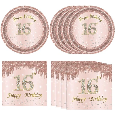 40 PCS Rose Gold Sweet 16 Birthday Decorations Plates and Napkins for Girls - Image 1 of 4