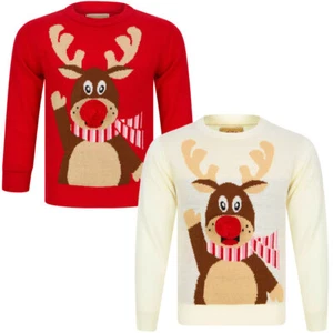 Kids Girls Christmas Jumper Waving Reindeer Pom Pom Nose Xmas Sweater Novelty - Picture 1 of 7
