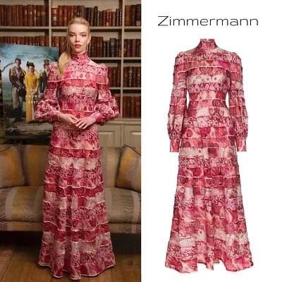 Nuevo con etiquetas Maxi Vestido Zimmermann Longitud de Onda Rosa Ikat Empalmado Seda en Niveles AU0 Foto 1 de 4