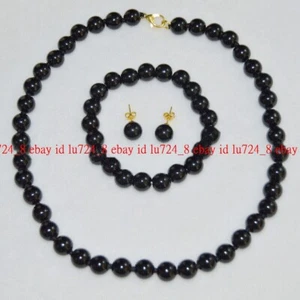 Natürliche 10 mm Schwarz Achat Runde Edelstein Perlen Halskette Armband Ohrring Set 18 Zoll - Bild 1 von 12