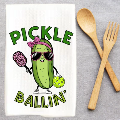 Funny Pickleball Dish Towel Cute Cartoon Pickle Ballin 16x24 White Waffle Weave - Imagem 1 de 4