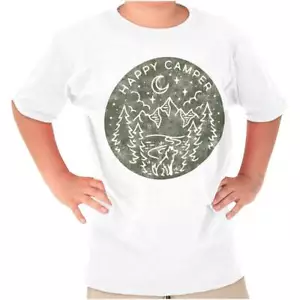 Vintage Outdoor Night Hiking Happy Camper Youth Crewneck T Shirts Boy or Girl - Picture 1 of 7