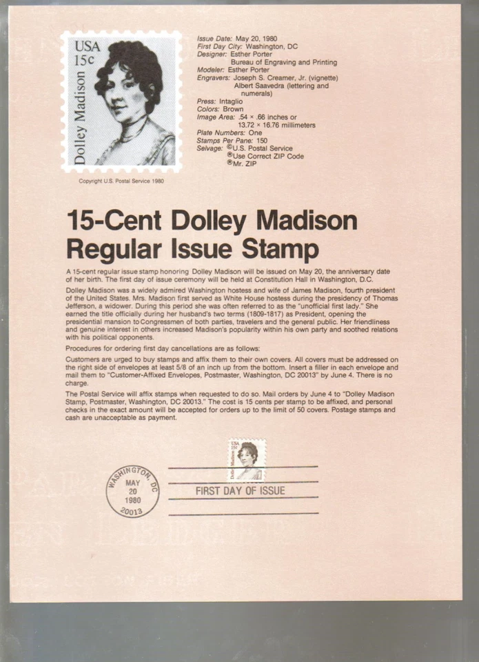 USPS Souvenir Page Scott 1822, Dolley Madison, 15 cents small stamp - Image 1 of 1
