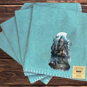 Set of 4 New Park Smith Haunted House Blue Gothic Victorian Cloth Linen Napkins - Picture 1 of 2