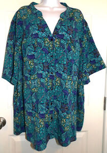 Lovely Turquoise/Purple Print MAGGIE BARNES Short Sleeve Blouse w/Pockets - 4X