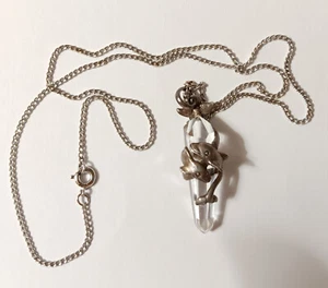 Vintage Obelisk Quartz Crystal & 2 Dolphins Pendant, Sterling Silver Chain - Picture 1 of 7