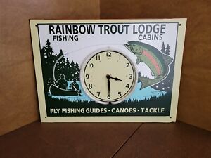 Rainbow Trout Lodge Fishing Neon Tin Clock Sign